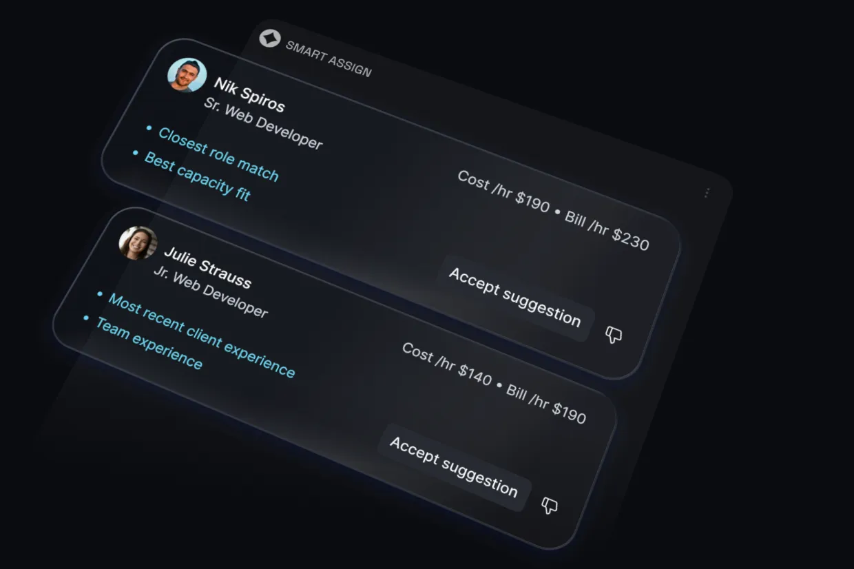 User interface showing two developer profiles with roles, hourly cost and bill rates, highlights, and accept suggestion buttons.